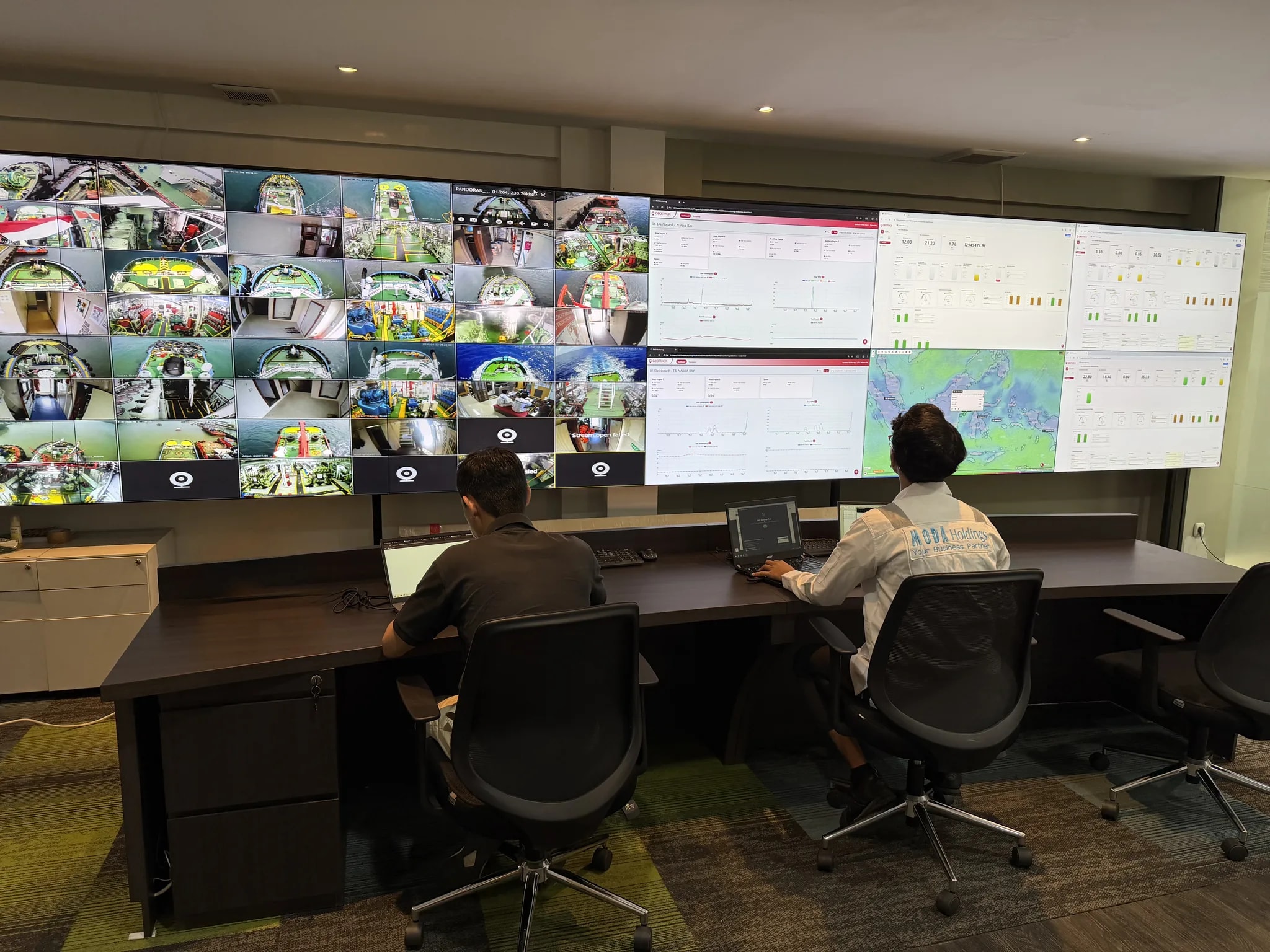 Operators at the MODA Holdings command centre monitoring live vessel camera feeds and dashboards.